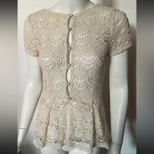Monteau Top blouse Womens Crochet Lace Festival Boho Short Sleeve Off White Sz M